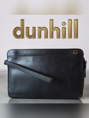 Dunhill VINTAGE Black Leather Large Wristlet with Gold Logo Detail On EUC